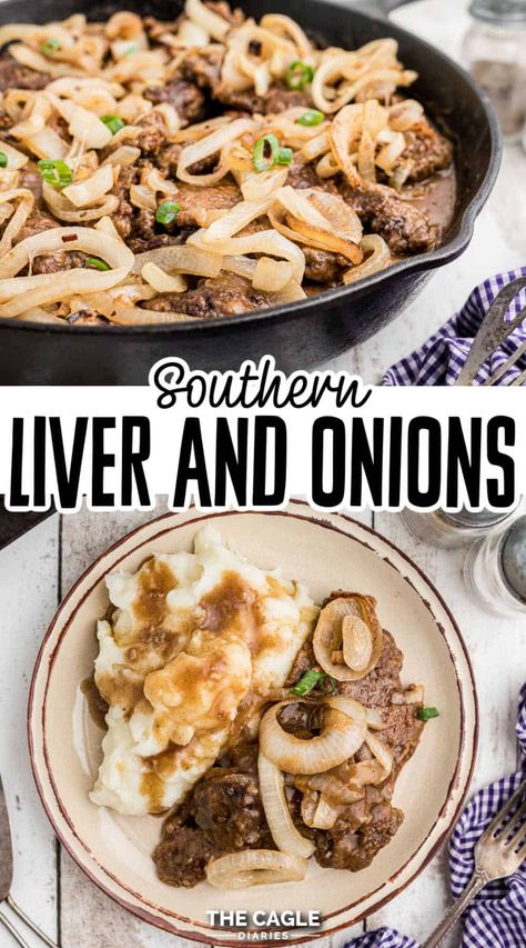 A delicious southern recipe for liver and onions with gravy. Homemade and comforting - the recipe hasn't changed much. It's still grandma's recipe. Liver And Onions With Gravy, Beef Liver And Onions Recipe, Gravy Homemade, Classic Southern Recipes, Southern Cooking Recipes, Old Fashioned Recipe, Over Mashed Potatoes, Southern Breakfast, Southern Recipe