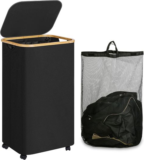 This laundry hamper has received largely positive reviews, with customers noting its large capacity, durability, and ease of mobility. The removable inner bag and lid are also mentioned as helpful features. Hamper With Wheels, Laundry Hamper With Wheels, Laundry Basket With Lid, Bedroom Laundry, Dirty Clothes Basket, Clothes Hamper, Basket With Lid, Clothes Basket, Bamboo Handles