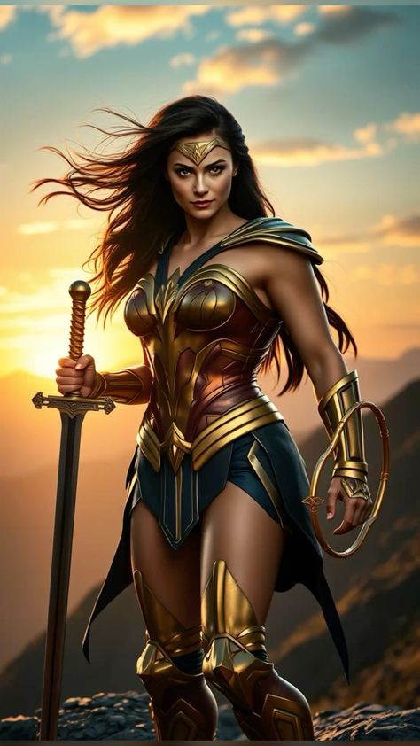 A realistic image of a Wonder Woman in golden armor standing on top of a mountain against the background of a sunset. Her long dark hair flutters in the wind, her look is strong and confident. In one hand there is a sparkling sword, in the other - the golden Lasso of Truth. The atmosphere is epic, with cinematic lighting, detailing of the film level, with a photorealistic texture of leather, metal and fabric. Lasso Of Truth, Golden Armor, On Top Of A Mountain, Top Of A Mountain, Cinematic Lighting, Long Dark Hair, Dark Hair, The Wind, Wonder Woman