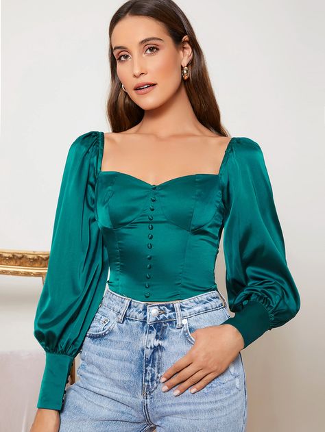 Button Front Lantern Sleeve Satin Milkmaid Top | SHEIN USA Satin Blouse Designs, Front Blouse Designs, Milkmaid Top, Elegant Blouse Designs, Top Shein, Fashion Tops Blouse, Shein Outfits, Satin Blouses, Easy Trendy Outfits