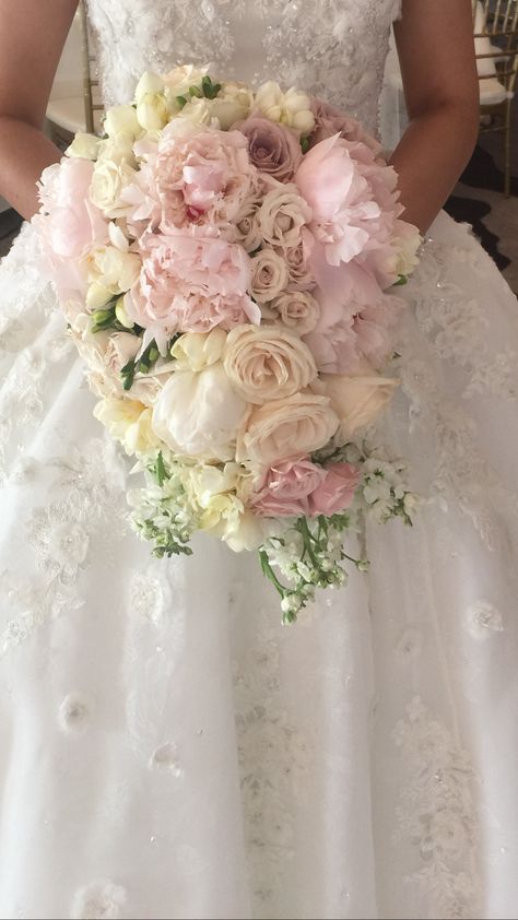 Blush cascading bridal bouquet by #EventsByMari Cascading Bridal Bouquets, Peony Bouquet Wedding, Cascading Wedding Bouquets, Bridal Brooch Bouquet, Wedding Bouquets Bride, Hand Bouquet, Bridal Shower Inspiration, Pink Bouquet, Quinceanera Dresses