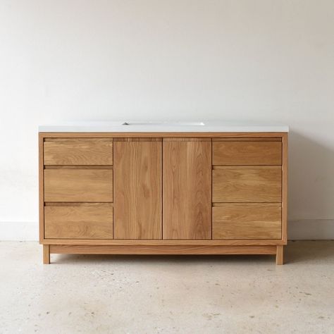 Our 60" Modern Wood Vanity / Single Sink is a customer favorite, showcasing distinct mid-century modern lines and beautiful solid wood grains. Two precisely inset doors and three functional drawers with soft-close slides offer plenty of storage for both a primary bathroom or other common bathroom space. . . #furnituremaker#sustainablefurniture#ecofriendly#concrete#solidwoodfurniture#handmade Modern Wood Vanity, Undermount Drawer Slides, Concrete Vanity Top, Vanity Height, Farmhouse Simple, Vanity Single Sink, Common Bathroom, Laundry Reno, Concrete Vanity