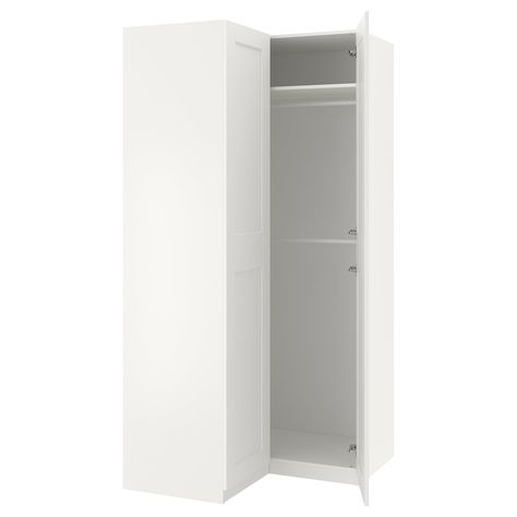 PAX Corner wardrobe, white, Grimo white, 43 1/2/43 1/2x93 1/8". Keep it simple. Here's a basic solution to get you started, and space for more interiors if you want to upgrade. Ikea Pax Corner Wardrobe, Pax Corner Wardrobe, Pax Planner, Armoire Pax, Pax System, Armoire D'angle, Corner Wardrobe, Pax Wardrobe, Plastic Edging