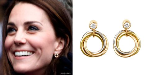 Kate wore her Cartier Trinity earrings to the rugby match. Kate Middleton Cartier Watch, Classic Luxury Cartier Earrings, Kate Middleton Gold Earrings, Kate Middleton Pearl Earrings, Cartier Trinity Earrings, Trinity Earrings Cartier, Kate Jewelry, Earrings Cartier, Trinity Earrings