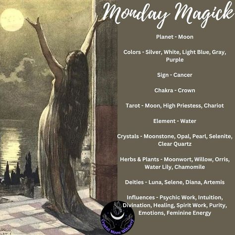 Credit: Crystal Moon Witchery Monday Moon Day, Monday Candle Magick, Monday Spellwork, Monday Magickal Correspondences, Monday Witchcraft, Weekday Magick, Monday Correspondences, Monday Spells, Priestess Initiation