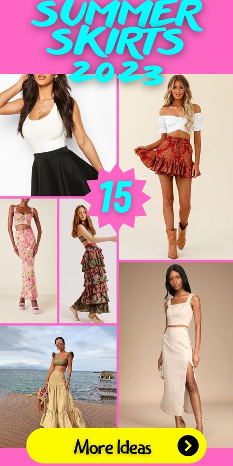 Step into the world of 2023 fashion with the Summer Skirt Trends. Whether you prefer the modesty of a long skirt, the playfulness of a mini, or the in-between of a midi, there's a skirt for every style. Patterns are big this season, from floral designs to bold geometrics, and colors range from vibrant blues and greens to classic black and white. Whether you're dressing up for a night out or keeping it casual for a beach day, these skirts are a summer must-have. Summer Skirts 2023, Long Summer Skirts, White Skirt Summer, Skirts 2023, Maxi Skirts Summer, Long Skirt Summer, Hot Skirts, Skirt Trends, Breezy Dress