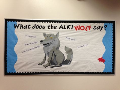 Alki Middle School "What does the Alki Wolf say?" Bulletin board Wolf Bulletin Board Ideas, Twilight Bulletin Board, Wolf Pack Bulletin Board, Animal Adaptations Bulletin Board, Wild About Learning Bulletin Board, Wolf Activities, Bulletin Board Ideas, Classroom Bulletin Boards, Classroom Setting