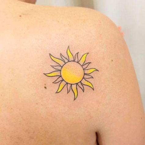 Sun Tattoo Ideas: 30+ Examples, Meaning & Top Designs - 100 Tattoos Color Sun Tattoo Designs, Sunshine Shoulder Tattoos For Women, Sun Rainbow Tattoo, Sun Tattoo With Color, Sun Tattoo Small Sunshine, Sun Tattoo With Words, Small Sun Tattoo Ideas, Colorful Sun Tattoo, Sun Tattoo Designs For Women Beautiful