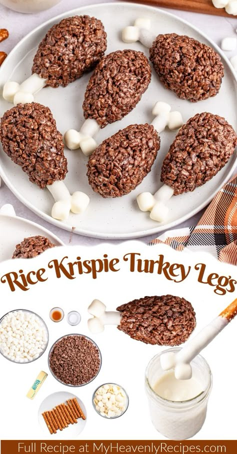 Rice Krispie Turkey Legs- fun thanksgiving treats or dessert to make for a party. Fall treat shaping rice krispies like a turkey leg. Fun kid approved treat. Thanksgiving party food idea. Thanksgiving dessert for kids to make. Funny unique fun cute treat to put out for finger food on a platter. Rice Krispie Turkey Legs Treats, Turkey Leg Rice Krispie Treats, Friendsgiving Snacks, Thanksgiving Kid Snacks, Rice Krispie Turkey, Kids Friendsgiving, Friendsgiving Dessert, Black Thanksgiving, Holiday Finger Foods