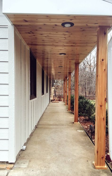 Cedar T&G soffit and cedar wrapped posts, all pre-finished. Rustic Front Porch Ideas, Patio Ceiling, Rustic Front Porch, Cedar Posts, Porch Remodel, Covered Walkway, Porch Ceiling, Building A Porch, Porch Columns