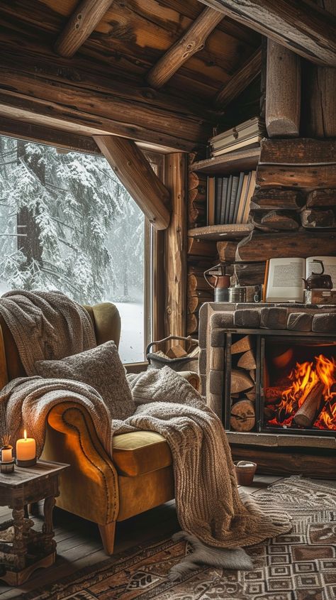 Cozy Winter Haven: A snug log cabin interior with a crackling fireplace offers a warm refuge from the snowy scene outside. #cozy #winter #cabin #fireplace #armchair #aiart #aiphoto #stockcake ⬇️ Download and 📝 Prompt 👉 https://stockcake.com/i/cozy-winter-haven_247253_47972 Cozy Winter Cabin Aesthetic, Old Log Cabin Interior, Cabins In The Woods Interior, Winter Cabin Interior, Old Cabin Interior, Rustic Cabin Living Room, Cozy Cabin Interior, Cozy Cabin Aesthetic, Cozy Winter Cabin