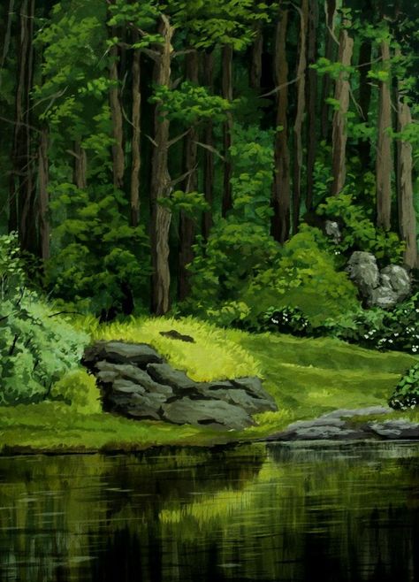 Forest Painting Background, Aesthetic Forest Drawing, Drawing Forest Background, Forest Painting Aesthetic, Forest Drawing Background, Forest Aesthetic Drawing, Forest Scenery Drawing, Gouache Artists, Forest Landscape Drawing