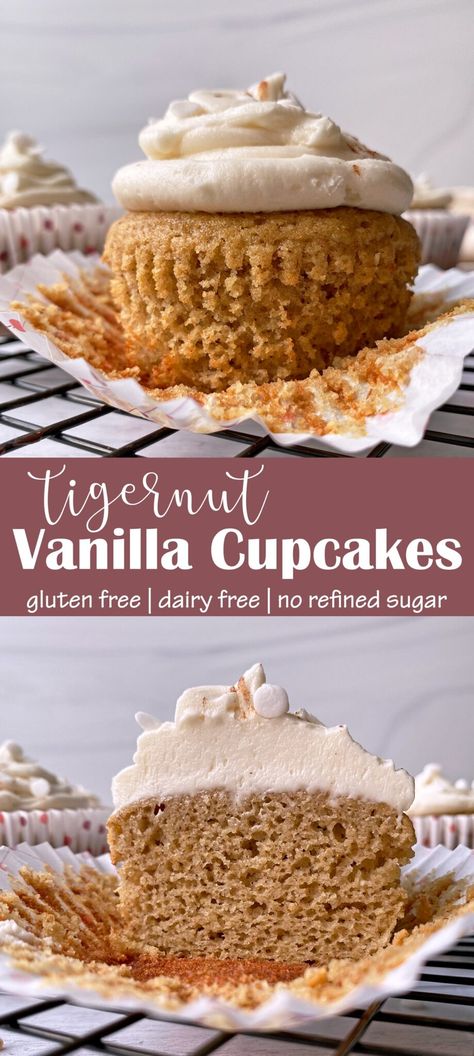 This easy Paleo vanilla cupcake recipe is grain free, dairy free, refined sugar free and even nut free! They are made with tigernut flour, lightly sweetened and perfect for a healthy gluten free dessert. These are the best tasting, fluffy, moist Paleo cupcakes. #tigernut #tigernutflour #paleomuffins #cupcakes Paleo Cupcakes Recipes, Tigernut Recipes, Grain Free Cupcakes, Tigernut Flour Recipes, Aip Paleo Desserts, Paleo Deserts, Paleo Cupcakes, Tigernut Flour, Simple Paleo