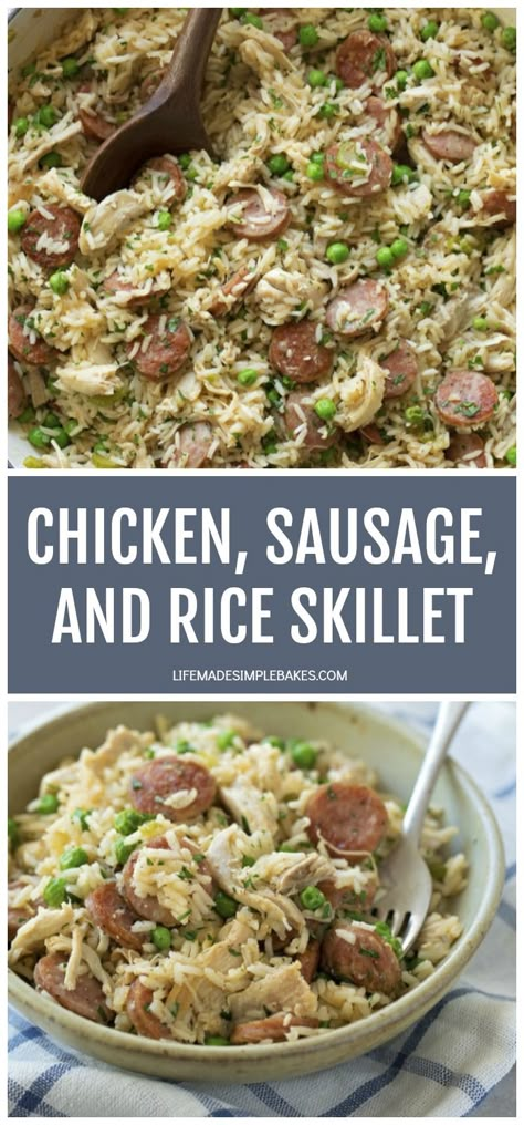 This chicken, sausage and rice skillet is perfect for busy weeknights. It's easy to prep and even easier to make! #chickensausageandriceskillet #chickenandriceskillet #chickenandsausage #skilletdinner Sausage Rice Skillet, Chicken Sausage And Rice, Sausage And Rice Skillet, Sausage And Rice, Sausage Rice, Rice Skillet, Rice Side Dishes, How To Cook Rice, Skillet Meals