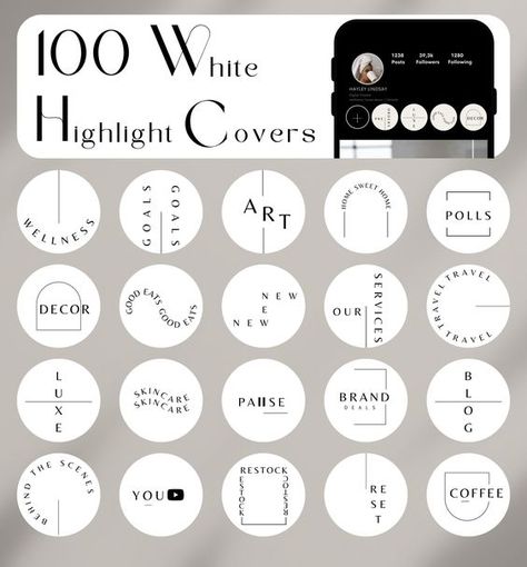 Cover Designs for Instagram Stories New Account Instagram Story, Baddie Ig Highlight Covers, Clean Girl Instagram Highlights, Instagram Highlight Title Ideas, Highlight Titles Instagram, White Highlights Instagram, Ig Story Highlights Cover Aesthetic, White Aesthetic Instagram, Black And White Instagram Story