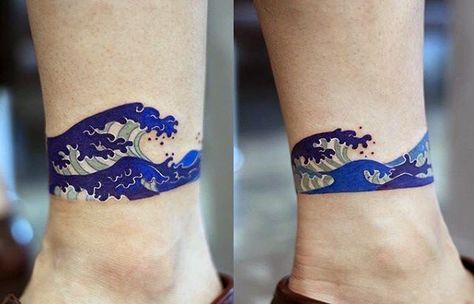 Blue Ink Great Wave Guys Simple Lower Legband Tattoos Simple Wave Tattoo, Wave Tattoo Design, Korean Tattoo Artist, Ankle Tattoo Designs, Tattoo Zeichnungen, Hawaiian Tattoo, Disney Tattoo, Arm Band Tattoo, Small Wrist Tattoos