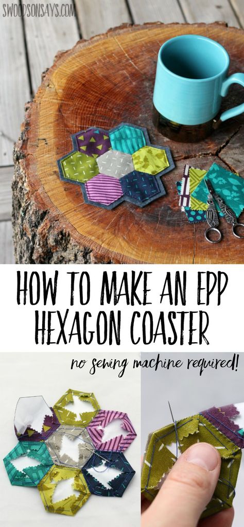 Use up your littlest scraps, sit down and take some quiet time to sew this english paper pieced hexagon coaster! No sewing machine required; it is easy to make in a single night and all hand stitched. Pair it with some tea for the perfect diy get well basket! Sponsored post with free tutorial. #epp #hexies #patchworkcoaster #sewing #sewingtutorial #BigelowTea #TeaProudly #Ad Diy Get Well Basket, Get Well Basket, Hexie Projects, Hexagon Quilting, Paper Piecing Tutorial, Hexagon Coaster, Hexagon Patchwork, English Paper Piecing Quilts, Scrap Fabric Projects