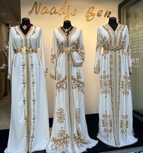 Hijab Nikkah Bride, White And Gold Dress, Nikkah Abaya, Moroccan Wedding Dress, Victorian Dress Gown, Moroccan Kaftan Dress, Arabic Wedding Dresses, Moroccan Bride, Gold Wedding Gowns