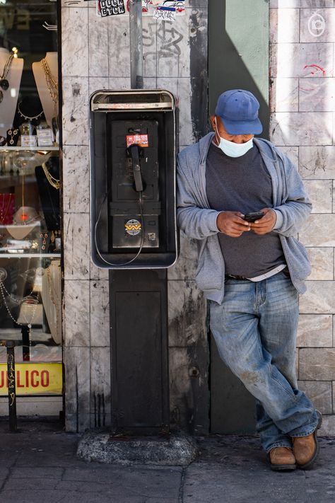 Pay Phone Photoshoot, Payphone Photoshoot, Person On Phone Reference, Someone On Their Phone, People On Phones, Man On Phone, Phone Poses, Public Phone, Space Age Fashion