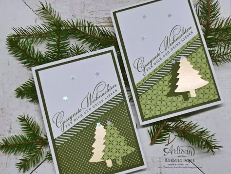 Stampin Up Weihnachtskarten mit DSP Weihnachten im Herzen und Stempelset Herzerwämend und Stanze Nadelbaum Sample Christmas Cards, Pop Up Christmas Cards, Simple Christmas Cards, Boxed Christmas Cards, Happy Merry Christmas, Homemade Christmas Cards, Stampin Up Christmas Cards, Christmas Card Crafts, Christmas Tree Cards