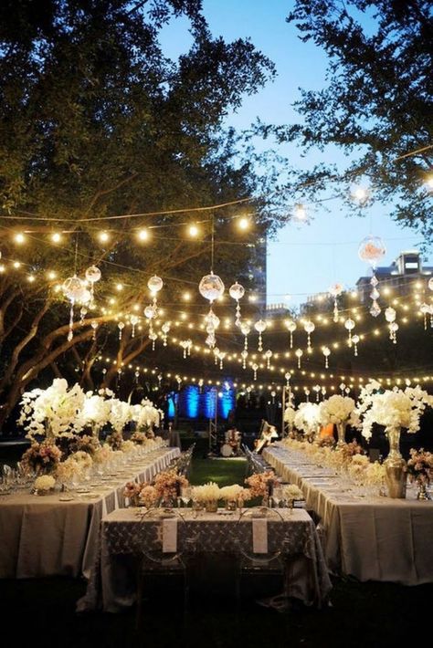 5 Essentials For An Outdoor Vow Renewal Ceremony. #vowrenewal #outdoor #ceremony Long Table Wedding, Outdoor Dinner, Outside Wedding, Hanging Flowers, Wedding Lights, Rehearsal Dinner, Backyard Wedding, Reception Decorations, Wedding Bells