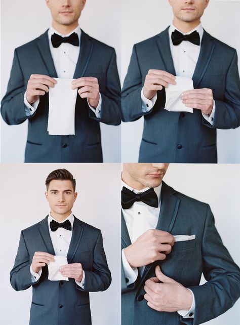 Learn how to fold a pocket square on your special day. #groomsoutfit #weddingdiy Tux Pocket Square, Handkerchief Folding, Pocket Square Folds, Black Tie Outfits, Wedding Picture Poses, Weddings By Color, Black Tux, Creative Wedding Ideas, How To Fold