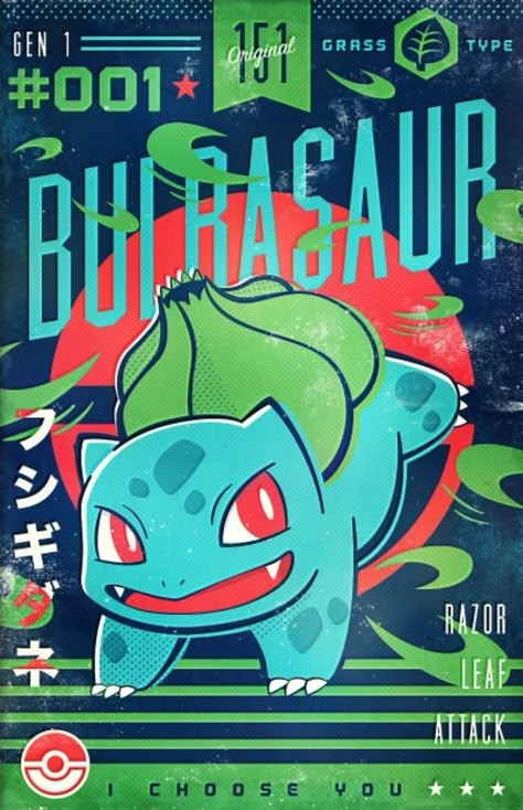 Grass Type Pokemon, Pokemon Bulbasaur, Pokemon Poster, Japanese Poster Design, Pokemon Stickers, Grass Type, Type Pokemon, Minimalist Tattoos, Pokemon Teams