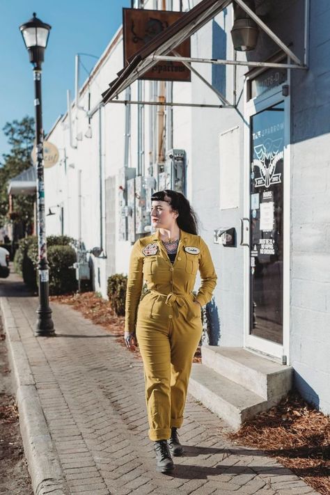 Women in History moment: Our Florence mechanic style coveralls are actually inspired by Florence Lawrence! An actress & auto enthusiast who, in the early 1900s, invented the turn signal. Thanks, Florence! #coveralls #womeninhistory #vintagefashion #retrofashion #mustard #jumpsuit #pantsuit #fallfashion #grunge Coverall Outfit Women, Florence Lawrence, Coverall Outfit, Mechanic Style, Mustard Jumpsuit, Vintage Coveralls, Retro Inspired Dress, Women In History, Early 1900s