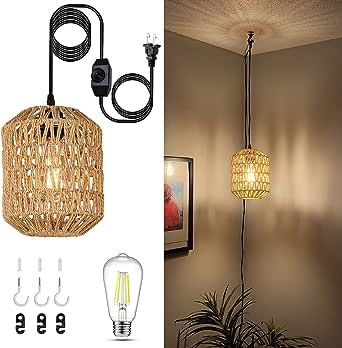 Plug In Hanging Light, Plug In Chandelier, Boho Lighting, Boho Chandelier, Plug In Pendant Light, Boho Style Bedroom, Rattan Shades, Farmhouse Pendant Lighting, Rattan Pendant Light