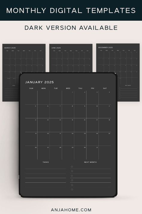 Dark Minimal 2025 Digital Calendar Template for Goodnotes, Notability, Anja Home, Ipad Calendar Aesthetic, Goodnotes Calendar Template Free 2025, Goodnotes Monthly Calendar Template Free, Digital Calendar Ideas, Free Templates For Goodnotes, 2025 Digital Planner, Monthly Planner 2025, Goodnotes Calendar Template Free, Month Planner Template