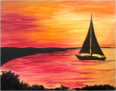 Muse Paintbar, Boat Silhouette, Easy Landscape Paintings, Sea Boat, Boat Sailing, Wine And Canvas, Paint Nite, Silhouette Painting, Soft Orange