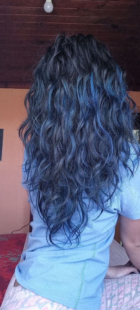 Blue Black Hair Color Curly, Blue Hair Highlights Curly, Black Hair With Blue Highlights Curly, Hair Dye For Wavy Hair, Curly Hair Color Ideas Blue, Blue Hair Streaks Curly, Curly Hair With Blue Streaks, Under Layer Hair Dye Curly, Midnight Dark Blue Hair Curly