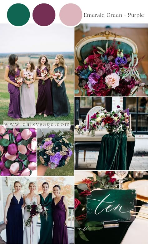 Emerald Green and Purple Wedding Color Idea Emerald And Raspberry Wedding, Emerald Green And Purple Bridesmaid Dresses, Dark Green And Purple Bridesmaid Dresses, Wedding Color Trend 2024, Green Purple Wedding Colors, Wedding Color Schemes Green And Purple, Unique Wedding Palette, Plum And Emerald Wedding Colors, Emerald Green Wedding Pallet