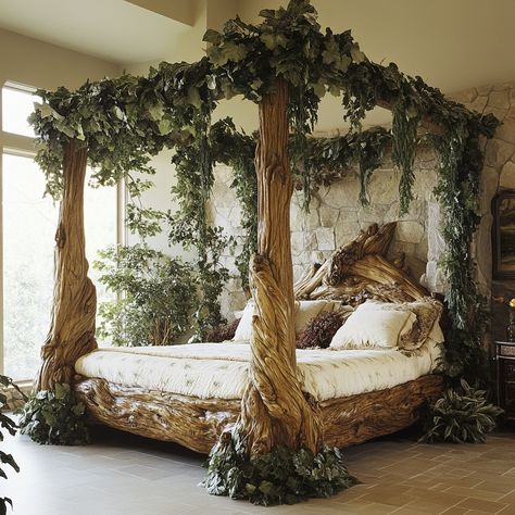 The Living Forest Canopy Bed brings the serenity of nature indoors, featuring a canopy designed to resemble tree branches adorned with lifelike greenery. Crafted from sustainably sourced wood, the bed’s natural finish and subtle lighting create a calming, immersive atmosphere, making it a perfect sanctuary for relaxation. Tree Bed Frame, Tree Bedframe, Forest Canopy Bed, Moss Bed, Forest Bed, Tree Bed, Log Bed, Dream Bedroom Inspiration, Forest Canopy