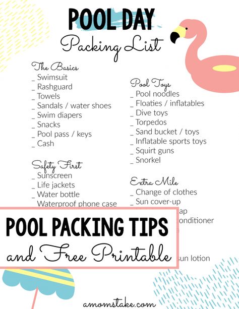 Printable pool day packing list! See our tips and tricks for packing for a pool day. Plus, print out this list to keep with your swimming supplies to make packing for the pool even easier! #tips #tricks #pool #packing #printable #momhacks Things To Pack For A Pool Day, Pool Day Checklist, What To Pack To The Pool, Pool Party Packing List, What To Pack For A Pool Party, Pool Party Planning Checklist, Swimming Pool Bag Essentials, Swimming Packing List, Pool Day Necessities