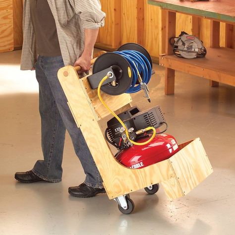 Air Compressor Cart (DIY) Compressor Cart, Dishwasher Filter, Air Hose Reel, Shop Stool, Garage Tools, Family Handyman, Workshop Storage, Entry Door, Fine Woodworking