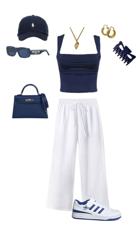 A Woman, Purse, Navy, Pants, Blue, White, Trousers