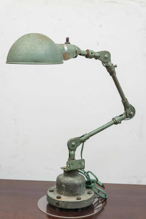 For Sale on 1stdibs - American Industrial lamp. Steel and old paint on a solid bronze base. Possible U S (no labels) government issue, circa 1940-1950. The height and reach Vintage Industrial Lamp, Old Table Lamp, Industrial Set Design, Industrial Objects, Vintage Industrial Bedroom, Industrial Lamp Design, Aesthetic Industrial, Punk Decor, Warehouse Lighting