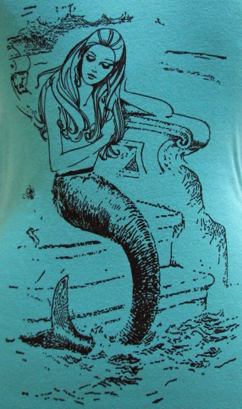 Rock And Roll Art, Mermaid Tank, Nouveau Illustration, Space Cadet, Art Nouveau Illustration, Mermaid Shirt, Vintage Mermaid, Illustration Vintage, Black Print