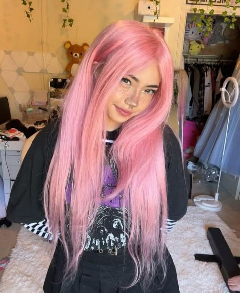 Alternative Pink Hair, Pink Hair Brown Roots, Outfits With Pink Hair, Pink And Peach Hair, Pink Halo Hair, Pink Pastel Hair, White Hair Dye, Hair Styles Boho, Baby Pink Hair