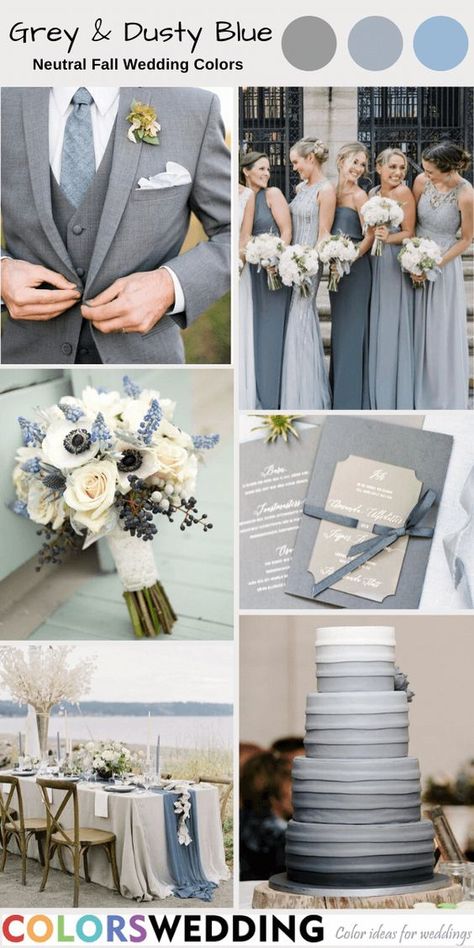 Wedding Colors - My Sweet Engagement Gray And Dusty Blue Wedding, Dusty Blue And Grey Wedding, Gray Blue Wedding, Neutral Fall Wedding, Blue Grey Wedding, Grey Wedding Cake, Fall Wedding Color Ideas, Grey Wedding Theme, Fall Wedding Trends