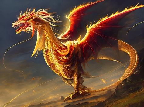 Red and Gold Dragon - Digital Fantasy art co-created with AI. Like this art? Follow on instagram @aicharactersart. Red And Gold Dragon, Fiery Dragon, Gold Dragon, Dragon Artwork, Follow On Instagram, Red And Gold, Mythical Creatures, Animal Art, Fantasy Art