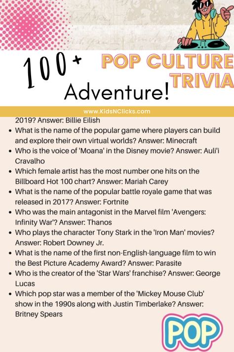 Click through to the blog for this 100+ pop culture trivia adventure! These 100+ questions include pop culture trivia questions for kids as well as pop culture trivia questions for adults (and all ages in between!). From music to iconic TV shows, this trivia quiz covers it all. Have fun during family night or family parties with this pop trivia game! All the details inside. Free Trivia Questions, Trivia Games For Adults, Trivia Questions For Adults, Pop Culture Quiz, Iconic Tv Shows, Trivia Questions For Kids, Challenging Questions, Pop Culture Trivia, Tv Trivia