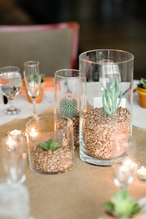 simple and inexpensive centerpieces, nice clean look. Breakfast Table Centerpiece, Cactus Centerpiece, Succulent Wedding Decor, Vase Ideas, Cactus Party, Baptism Ideas, Succulent Centerpieces, Fake Succulents, Simple Centerpieces