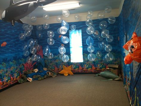 Ocean room VBS. Possibly use as part of "Where do we find Jesus?" VBS Diy Under The Sea Decorations, Deep Sea Discovery Vbs, Ocean Commotion Vbs, Vbs Shipwrecked, Vbs Ocean Theme, Submerged Vbs, Ocean Vbs, Ocean Commotion, Scuba Vbs