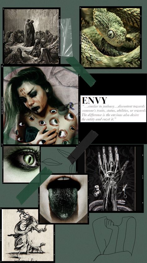 Sin Of Envy Oc, Seven Deadly Sins Bible Art, Envy 7 Deadly Sins Art, Seven Deadly Sins Envy Aesthetic, Greed Sin Aesthetic, Sin Of Lust Aesthetic, Envy Moodboard, Envy Artwork, Envy Aesthetic Sin