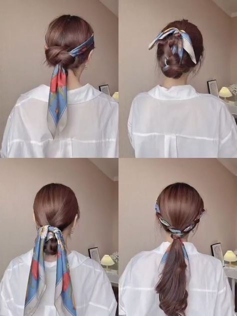 Hair Scarf Tutorial, Hair Scarves, Hair Style Korea, Hair Scarf Styles, Hair Tips Video, Ribbon Hairstyle, Peinados Fáciles Para Cabello Corto, Hair Up Styles, Penteado Cabelo Curto