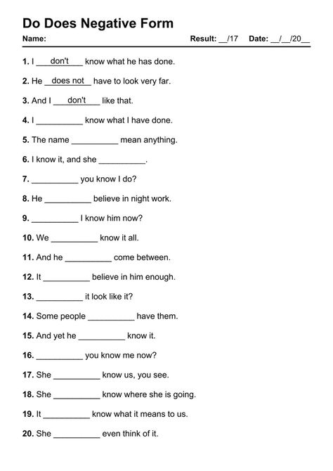 Do Does Negative Exercises PDF Worksheet with Answers - Test 1 Verb To Have Negative Worksheet, Verb To Have, English Grammar Pdf, Subject Verb Agreement, Teaching English Grammar, English Grammar Worksheets, Subject And Verb, Working Nights, Improve Your English