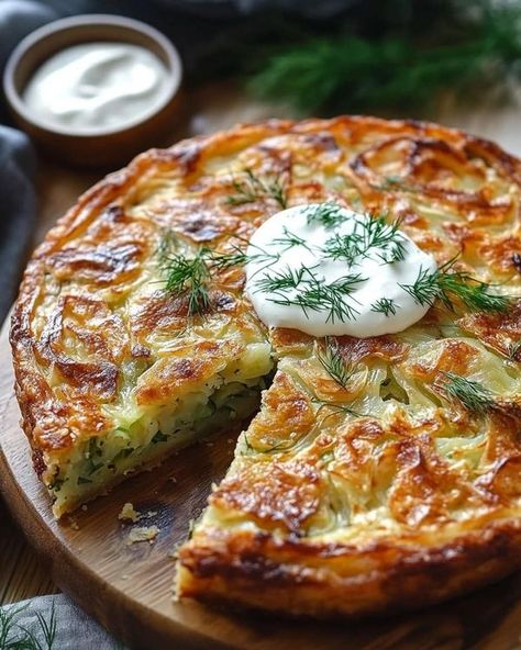 Diabetic Sweets n Snacks | 🌿 Crispy Cabbage Pie with Dill Cream Sauce  | Facebook Cabbage Pie, Crispy Cabbage, Dill Cream Sauce, Sweets For Diabetics, Dill Sauce, Veggie Dishes, Cream Sauce, Green Onions, Vegetable Recipes