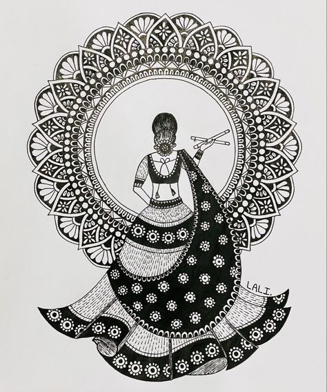 Madhubani Paintings Black And White, Dandiya Mandala Art, Madhubani Paintings Ideas Design Black And White, Navratri Drawing Ideas Mandala, Navratri Special Mandala Art, Mandala Art For Navratri, Madhubani Art Black And White, Traditional Mandala Art, Dancer Mandala Art